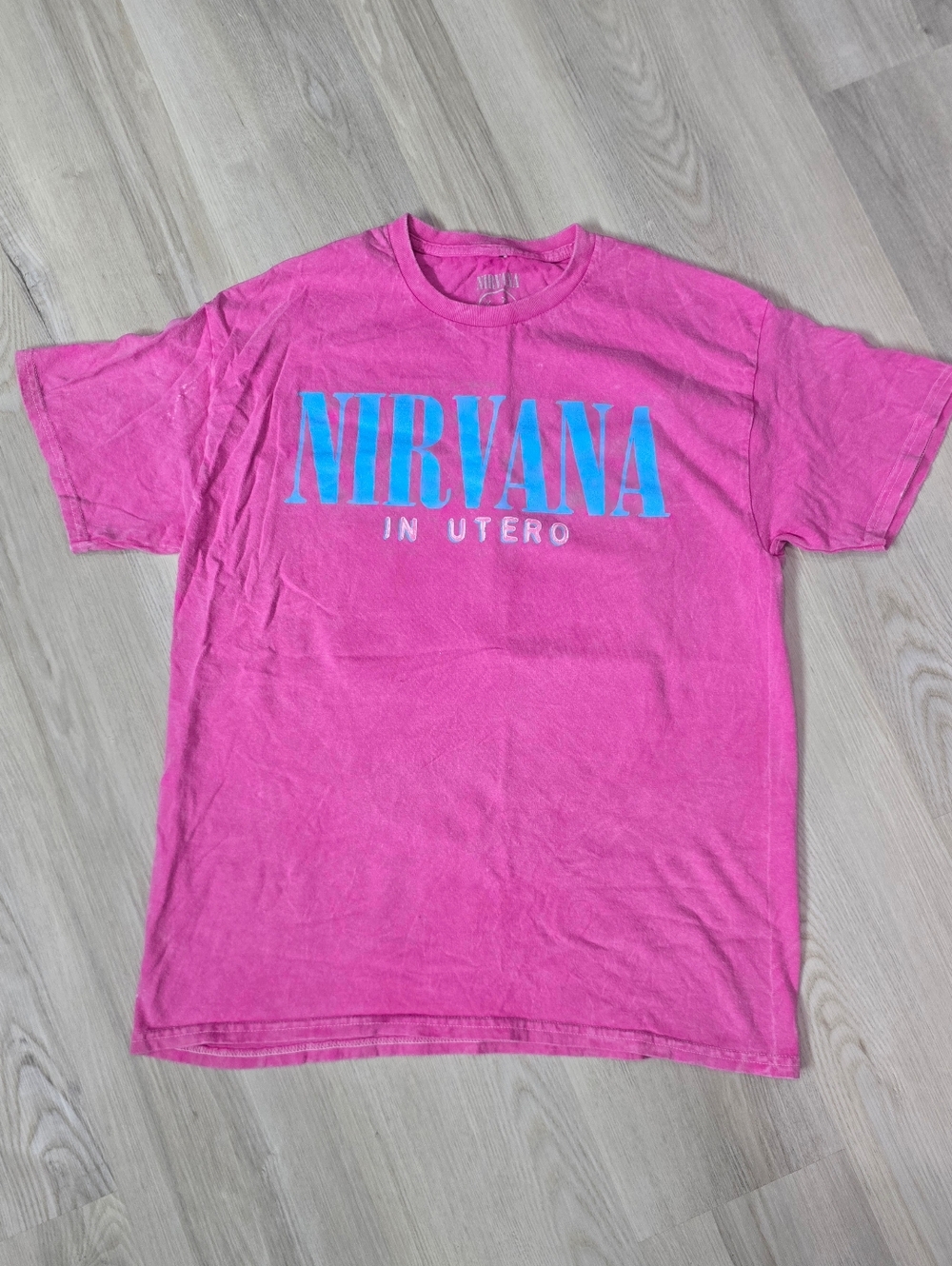 NIRVANA Hot Pink Tee with Blue Logo Size L NWOT